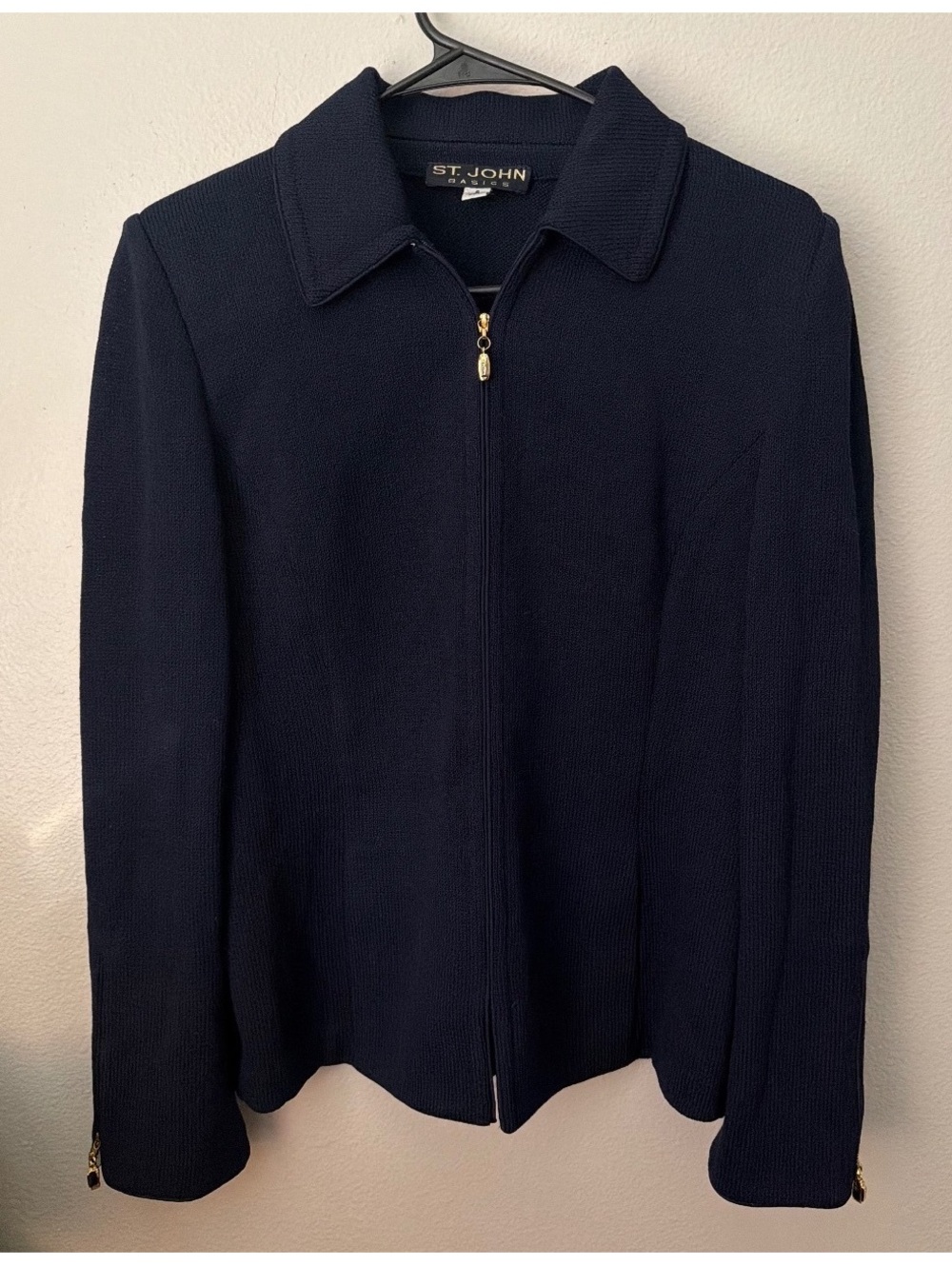 St. John Navy Santana Knit Full Zip Jacket Floral Silk Collar Accent Size 8 USA
